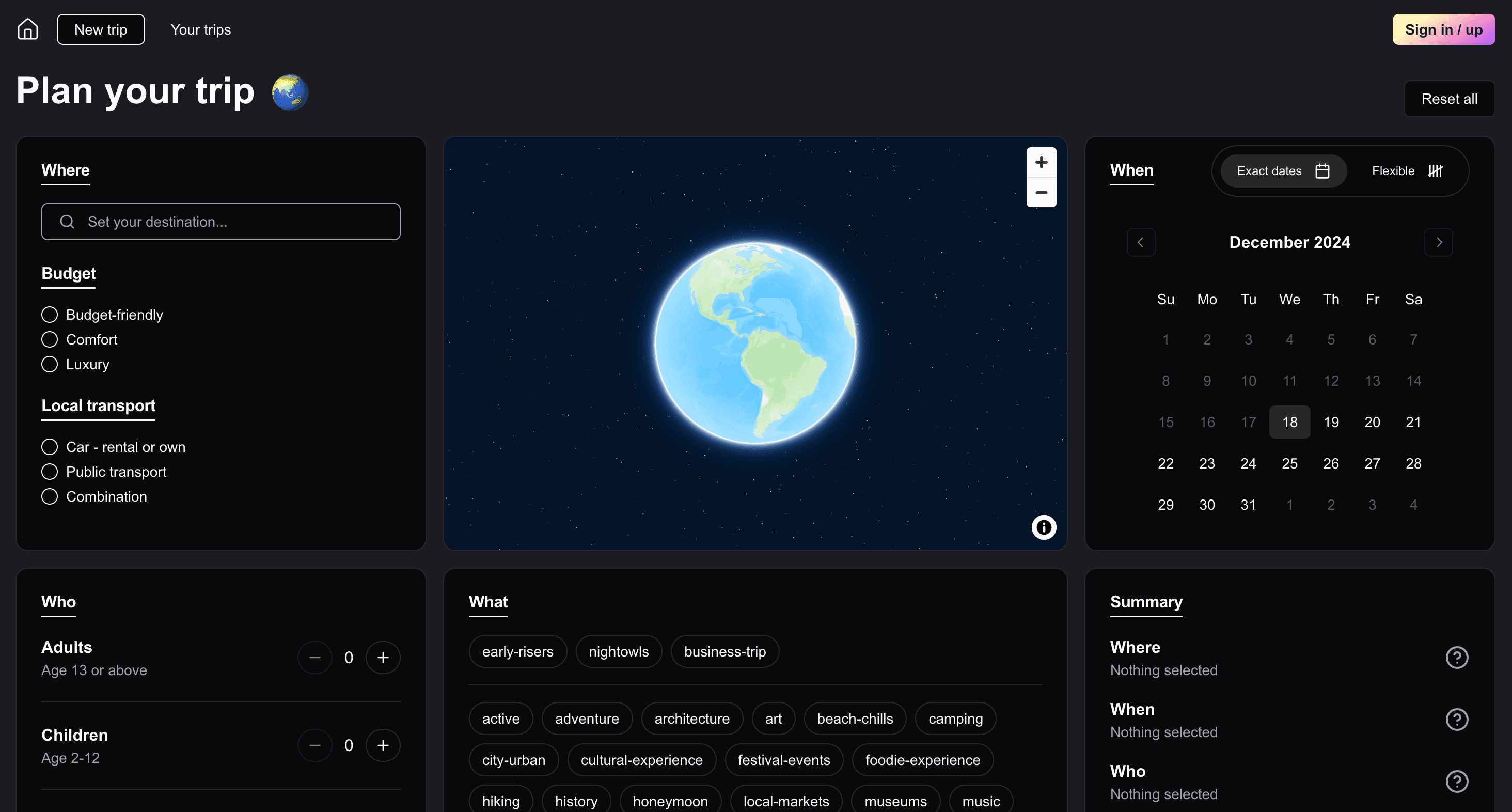 Dashboard of my travel agent